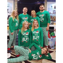 IFFEI Matching Family Christmas Pajamas Sets Holiday PJ's with ELF Printing Long Sleeve Tee and Striped Pants with Pocket Women: XL Green