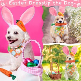 Dog Easter Costume Cute Bunny Ears Headband Easter Eggs Bandana Puppy Funny Rabbit Carrot Chew Toys 3Pcs Easter Party Gifts Medium Large Dog Easter Outfit Clothes Accessories (NO-LED)