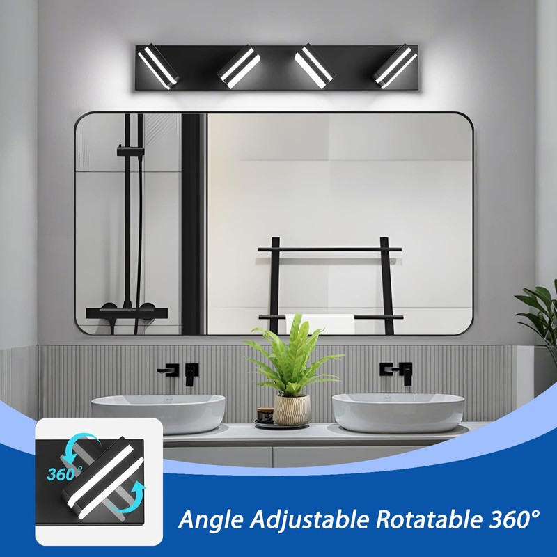 IZORRO LED Modern Bathroom Lights Fixtures(4-Light,Dimmable,360°Rotate),Matte Black Acrylic Wall Lighting,Vanity
