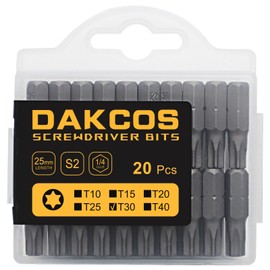 DAKCOS 20-Piece T30 Torx Bit Set, Premium S2 Alloy Steel 1-inch Long Screwdriver Insert Bits Hex Shank with Quick Release Slot