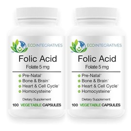 EcoIntegratives Folic Acid Folate 5mg (B9) Prenatal, Reproductive Health, Homocysteine, Metabolism, Cardiovascular, Bone, Immune Support, Allergen Free, Non GMO - 100 Vegan Capsules (2 Pack) (2)