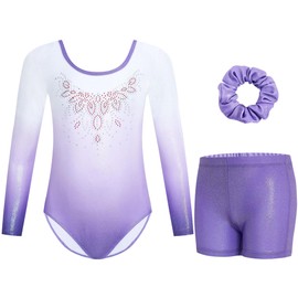 Gogokids Girls Three-Piece Gymnastics Leotards, Long Sleeve Gymnastics Set with Shorts and Hairband, Sparkling Ballet Dancing Unitards - Gymnastics Outfit with Gradient Color Design for 5-6 Years
