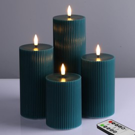 Girimax Teal Flat Top Ribbed Flameless Pillar Candles with Remote, Flickering LED Wax Battery Candles Set of 4, Φ 3" H 4" 5" 6" 8"