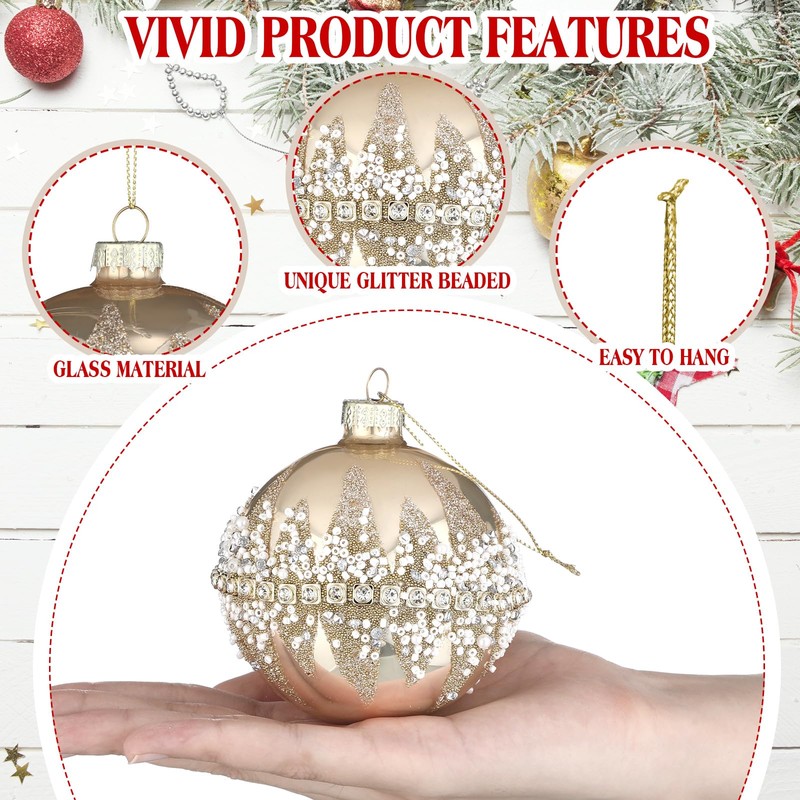 Soulchen 3 Pcs Christmas Glass Ball Ornaments Beaded Sequined Glitter