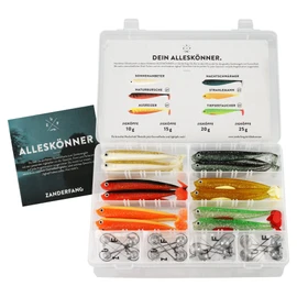 Zanderfang 40 piece box of rubber fish with jig heads for zander fishing with rubber fish, 24 rubber fish: 6 colours; 12.5 cm | 16 jig heads size 4/0: 10-25 g.