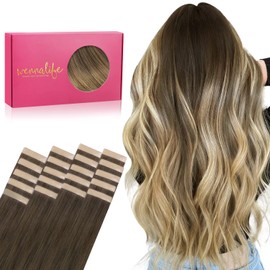 WENNALIFE Tape-in Extensions, Real Hair, Set of 20, 50 g, 35 cm/14 Inches, Ombre Walnut Brown to Ash Brown and Bleached Blonde, Remy, Invisible Tape, Silky Straight, Skin Weft Tape Ins