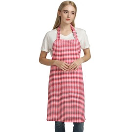 Vintage Gingham Kitchen Aprons Chef Bib Canvas Aprons Christmas Holiday Home Decorative 100% Pure Cotton Aprons in Large Size with Pockets Adjustable Neck Strap Long Ties Aprons(Red)