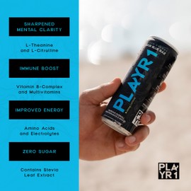 PLAYR1 Functional Hydration Drink with Caffeine, Vitamins, Calming, Flavored Beverage, Non-Carbonated, No Artificial Sugars, Colors, or Flavor (Sour Blue Raz)