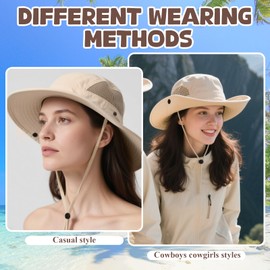Sun Hat for Women & Men, Wide Brim Safari Hat UV Protection Breathable Mesh, Adjustable & Packable for Beach, Fishing, Hiking-Beige