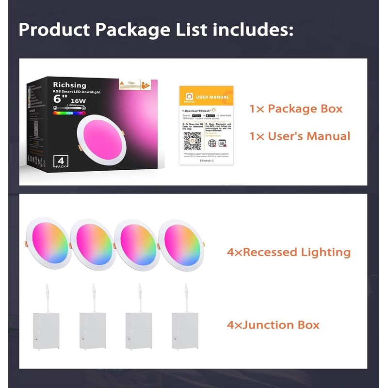 RICHSING Recessed Lighting 6 inch, 4Pack RGBCW Recessed Ceiling Lights