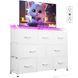WLIVE Led Dresser for Bedroom, White Dresser TV Stand for Bedroom with LED Lights and Power Outlet, Wide Chest of Drawers for Hallway, 8 Fabric Drawers for Living Room and Entryway, Easy to Assemble