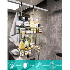 HapiRm Hanging Shower Caddy Over the Door with Soap Holder, No Drilling Adhesive Shower Organizer with 11 Hooks, Rustproof & Waterproof 304 Stainless Steel Bathroom Shelves - Brushed Nickel