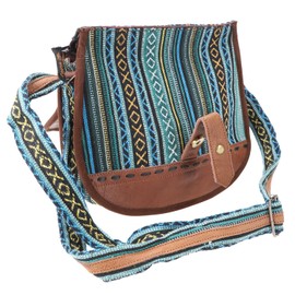 GURU SHOP Ethno Shoulder Bag with Leather, Large Nepal Bag - Brown/Blue, Unisex - Adult, Synthetic, 23 x 24 x 10 cm, brown/blue, Unit size