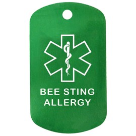 Custom 2 Pack - Bee Sting Allergy Medical Alert ID Necklaces with Green Custom Tags, Red/White/Blue Silencers, and 30'' USA Chains