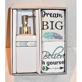 3 Piece Lotion Soap Pump Dispenser & (2) DREM Big Feather & Believe in Yourself Arrow Fingertip Towels Bathroom Accessory Set