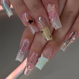 Press-On Nails Set, Long Square Style, Pink and Gold Ombre with Floral Bow Design, Rhinestone Accents, 24 Pieces