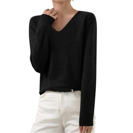 Women's Casual Knitted Sweater Classic Long Sleeve Pullover Sweater Fall Thin Sweater Tops Elegant V Neck Loungewear Black