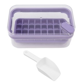 Easy Release Ice Cube Tray Plastic 32 Grids Ice Tray with Lid Bin Scoop for Freezer Purple