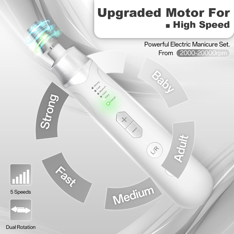 Electric Nail File Drill, Cordless 2000 mAh Rechargeable Nail Filer