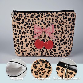 BornSiiren Leopard Print Cherry Makeup Bag,Cosmetic Bag for Women, Large Capacity Toiletry Bag,Zipper Pouch, Travel Accessories Storage with Lining