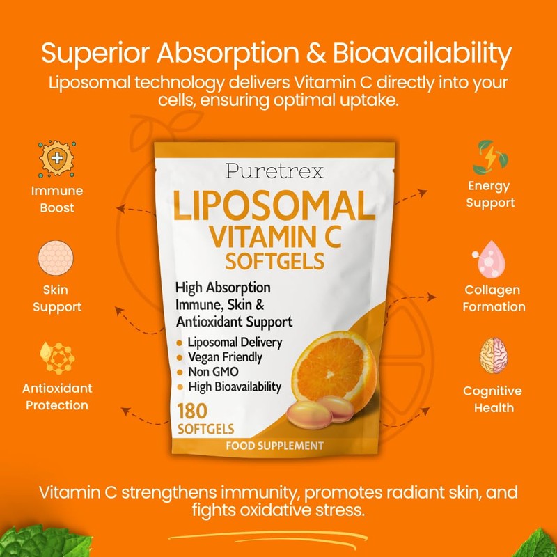 Puretrex Liposomal Vitamin C Softgels, High Absorption, Vegan, Non-GMO, 180