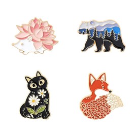 4 Pack Forest Garden Fox Cat Bear Hedgehog Bag Brooch Cartoon Animal Badge Jewelry Gift for Kids Friends Alloy Steel, Alloy Steel