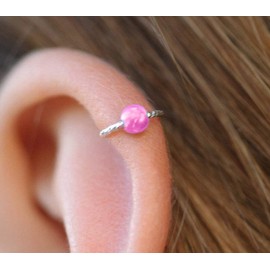 Pink Opal Cartilage Earring Hoop 20 gauge - Sterling Silver helix piercing ear ring - silver cartilage hoop