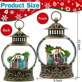 Christmas Snow Globe Lantern Swirling Glittering Holy Family Scene Manger Magi with Music, USB Lined or Battery Operated Lighted Lantern for Christmas Festival Decoration Gifts