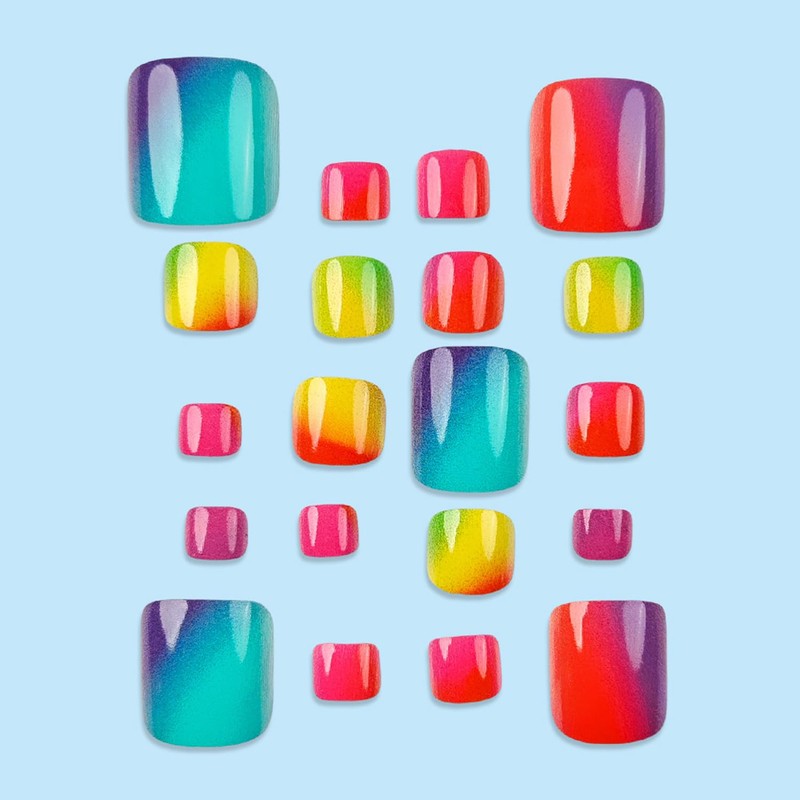 Rainbow Gradient Fake Toenails Colorful Ombre Press on Toenails Glossy