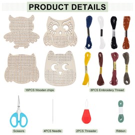 FREEBLOSS 16 Set Christmas Owl Wooden Cross Stitch Kit Hand Sewing Kits Arts & Crafts Kit 4 Styles Embroidery Wooden Cross Stitch Blanks Set Stamped Cross Stitch Kits for Beginners