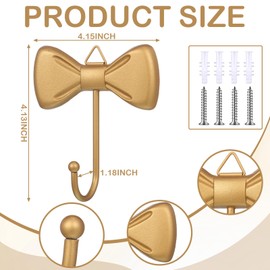 Geelin 4 Pcs Gold Bow Wall Hook Metal Antique Gold Decorative Bow Knot Door Hanger Rustic Coat Rack Towel Hook for Coat Hat Towel Multi-Purpose Bathroom Kitchen Living Room Home Decor