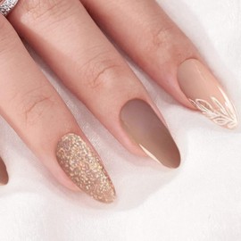 YAOBFFCAS Light Brown Glitter Press On Nails Long Almond ABS Natural Fit Fake Nails with Jelly Glue Reusable Manicure Glue On Nails Woman and Girl Leaf Design False Nails UV Cover Gel Glossy Nails 24PCS