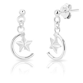 DTPsilver® SMALL 925 Sterling Silver Drop Dangle Studs Earrings - Crescent/Half Moon and Small Star - Size: 8 x 23 mm