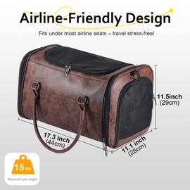 Johomviin Stylish Leather Pet Carrier for Small Dogs and Cats Up to 15 lbs, Airline Approved Lightweight Travel Tote with Breathable Mesh and Shoulder Strap Coffee