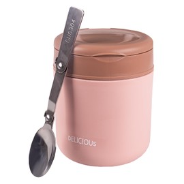 Muswarm 14oz Thermo for Hot Food, Bento Lunch Box with Folding Spoon, Leak Proof Stainless Steel Insulated Soup Jars Container for Travel Outdoors(Pink)