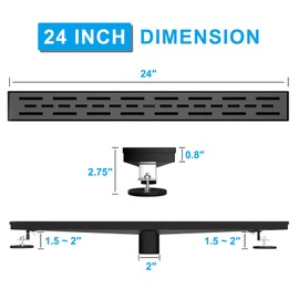 Fibetter 24 Inch Black Linear Shower Drain, Rectangular Shower Floor Drains with Brickwork Cover, 304 Stainless Steel Linear Drain with Leveling Feet, Hair Strainer (Matte Black)