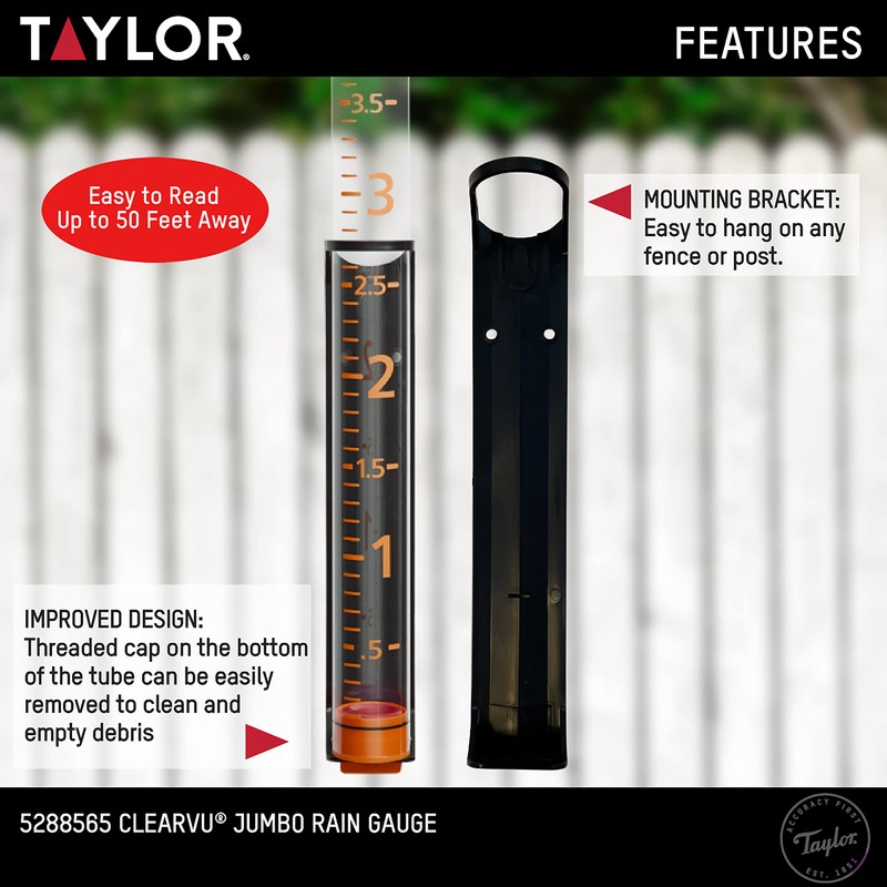 Taylor Jumbo Rain Gauge, Measure and Monitor Precipitation, Easy to