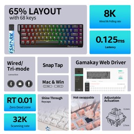 GK GAMAKAY x NaughShark NS68 Rapid Trigger Wired Gaming Keyboard, 65% Hall Effect Mechanical Keyboard, 8KHz Polling Rate 0.01mm RT, Snap Tap, Outemu Peach Crystal Magnetic Switch (Black-Shine Through)