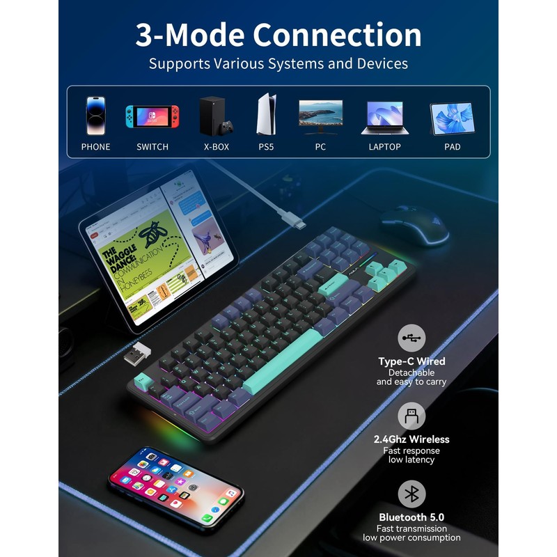 Aula F87 Pro Wireless Mechanical Keyboard, Tri-Mode Bluetooth/2.4GHz/USB-C, 87-Key TKL