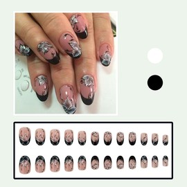 24 Pcs Pink Press on Nails Short Almond,YIHONGYAN Simple Fake Nails Press ons Black French Nails Tip Acrylic Kit Glue on Nails Full Cover False Nails Off-White Flowers Glossy Stick on Nails for Women