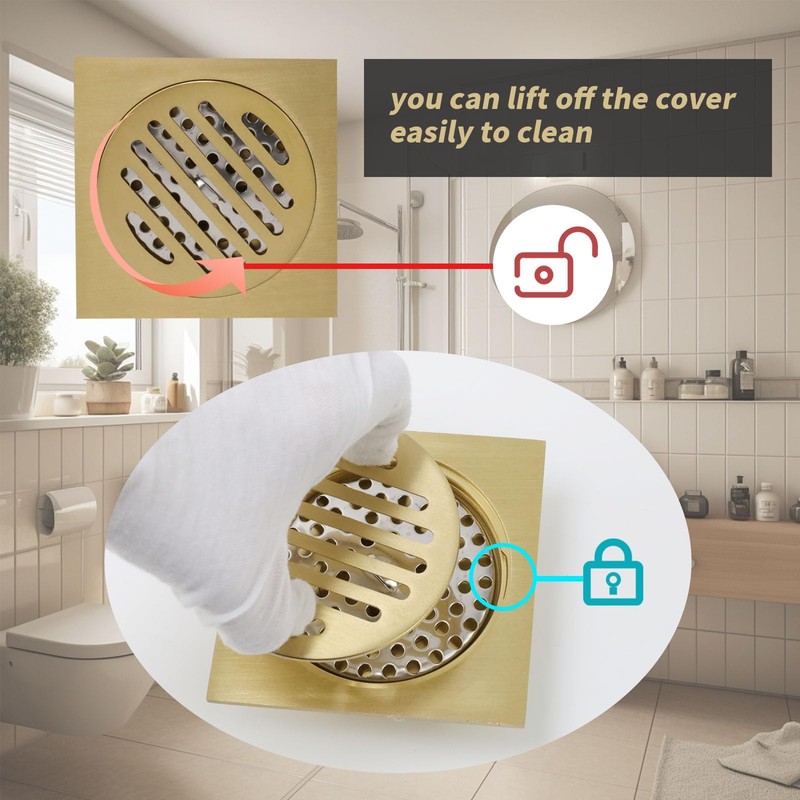 WDONAY 4 Inch Square Shower Drain, Brass Floor Drain Cover,