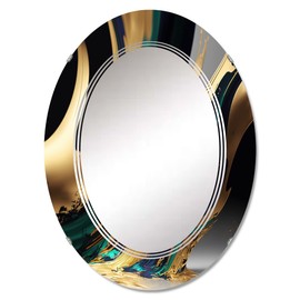 DesignQ Modern wall mirror, Oval Modern mirror, Round Green bathroom mirror, Abstract Transitional vanity mirror Agate in Green and Gold II printed mirror decor, oval mirror 20x30