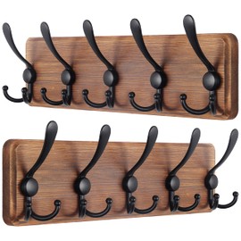 SKOLOO Rustic Wall Mounted Coat Rack: 16" Hole to Hole, Pine Real Wood Plank Wall Coat Rack with 5 Triple Hooks, Farmhouse Coat Hanger Wall Mount for Hanging Backpack Jacket Coat Hat,Pack of 2