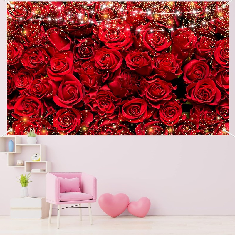Red Rose Valentine's Day Banner Backdrop, Valentine's Day Party Decorations,