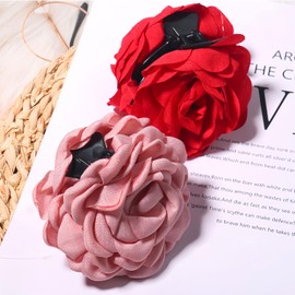 HIFANMM 2pcs Flower Hair Clips Large Rose Hair Accessories for Women Girls, Romantic Pink Red Flowers Hair Claw Clips Fabric Silk Non Slip Hairpin Summer Beach Outdoor Party Wedding Supplies