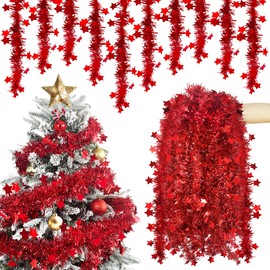 SHEPIN 10 x 2 m Tinsel Christmas Tree Garland, Christmas Tinsel Christmas Garland, Red with Stars, Tinsel Garland, Christmas Garland, Outdoor Tree Chain, Tree Decoration, Red Christmas Tree Garlands