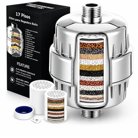 Filtro de Agua para Regadera, Filtración de 15 Etapas, Incluye Cartucho, Arandela de Goma y Cinta Selladora, Elimina Cloro, Impurezas y Olores, para B