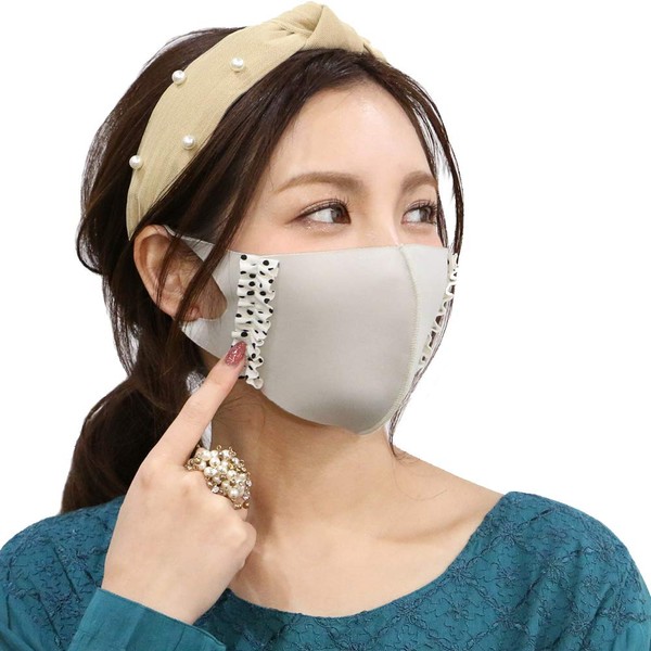 Polka Dot Ruffled Mask with Quick-Drying & UV Protection (Dot Pattern/Greige)