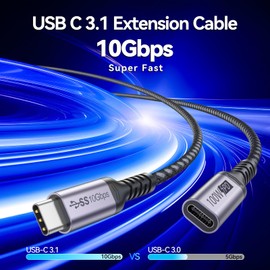 DteeDck USB C Extension Cable 3ft, Type C Extender Cord Male to Female USB3.1 Gen2 100W Fast Charging 10Gbps Transfer Compatibility with Laptop, Tablet and Mobile Phone-Grey
