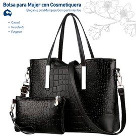 Bluelander Bolsa para Mujer con Cosmetiquera, 2 en 1, Bolso Estilo Tote Bag, Casual, Elegante con Múltiples Compartimientos, Cuero de PU de Alta Calidad, Resistente al Agua, Regalo Perfecto para Mujer